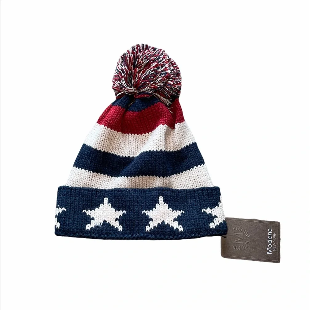 NWT Modena New York Striped Star PomPom Beanie